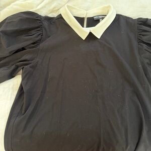 Karl Lagerfeld Black Puffed Sleeve Blouse with Cream Collar and Back Pearl L